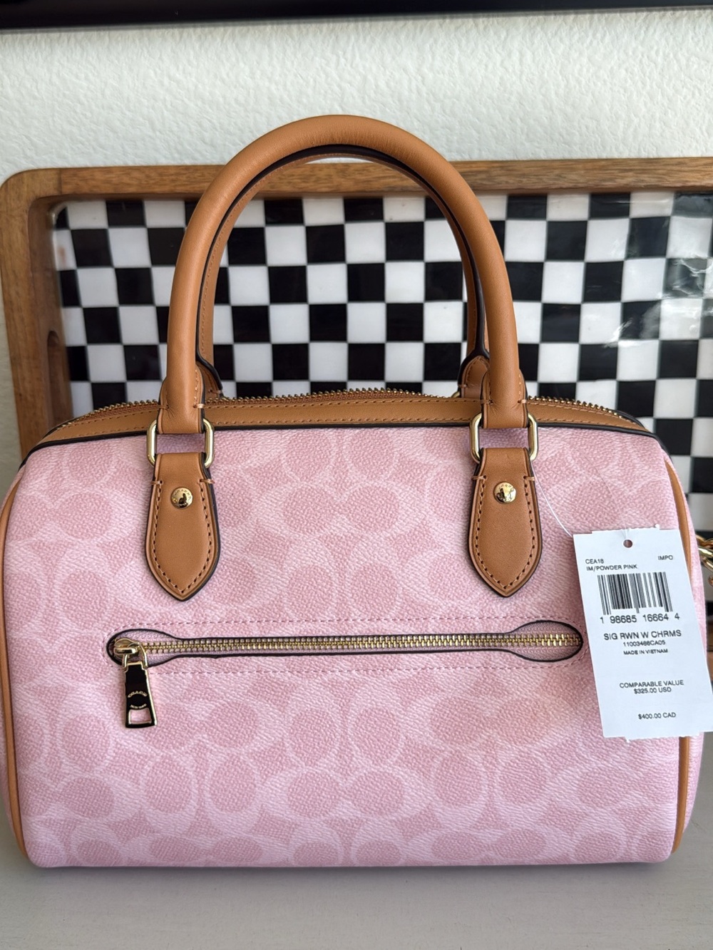 Coach Powder Pink Signature Canvas Rowan with Tan Leather Trim - Picture 2 of 4